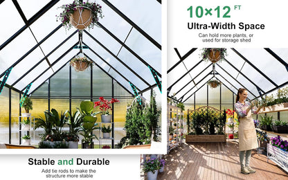 CDCASA 12x10x10 FT Greenhouse for Outdoors, Easy Assembly Large Aluminum Heavy Duty Polycarbonate