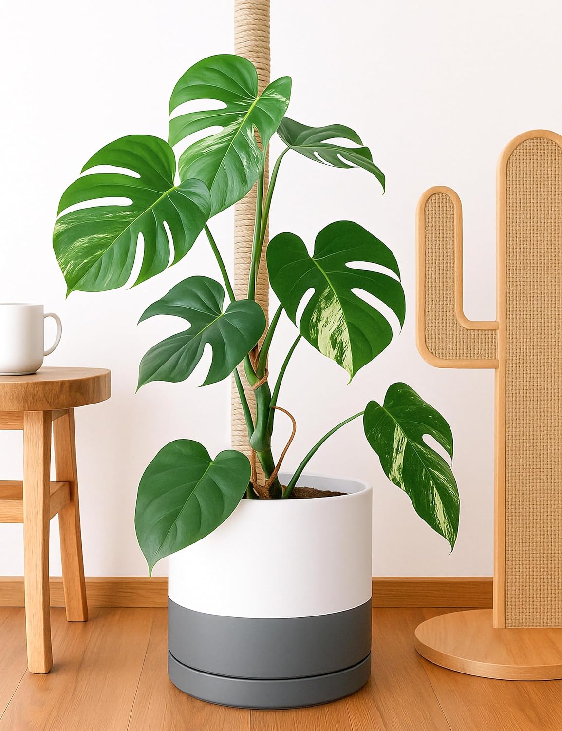 D'vine Dev 14 Inch Ceramic Planter Pot with Drainage Hole and Saucer, Indoor Cylinder Round Planter