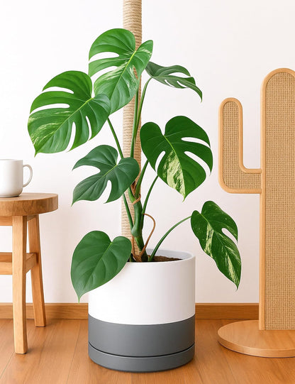 D'vine Dev 14 Inch Ceramic Planter Pot with Drainage Hole and Saucer, Indoor Cylinder Round Planter