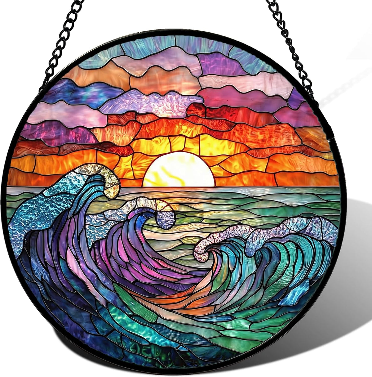 Stained Glass Window Hanging, Clouds and Sea Waves Suncatcher Diamond Glass Panel Hangings Scenery