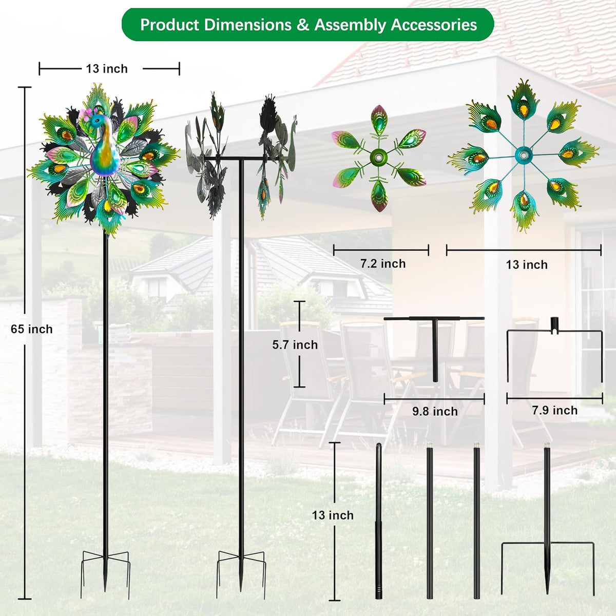 Outdoor Peacock Wind Spinners Featuring Glittering Gem Decor, 13.5" D x 65" H Double Layer Kinetic