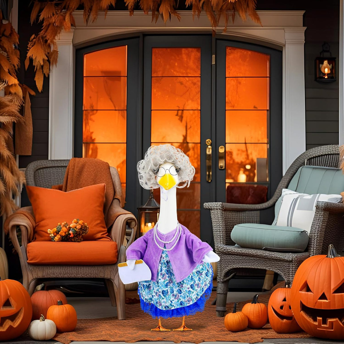 Abbylike Halloween Porch Goose Outfits Old Lady Goose Clothes with Sunglasses Pearl Necklace and