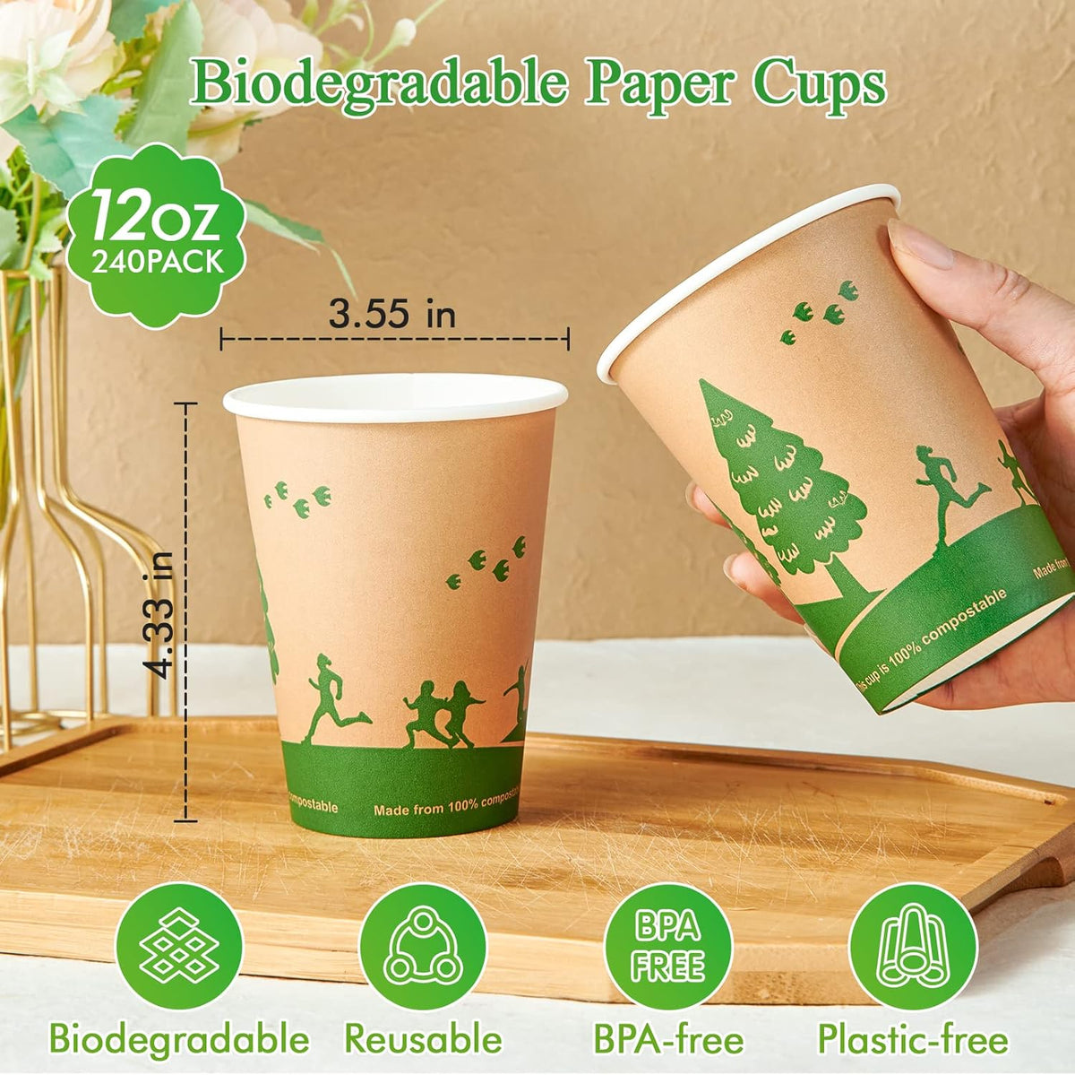 ECOLipak 240 Count 12 oz Compostable Paper Cups, Biodegradable Disposable Paper Coffee Cups with