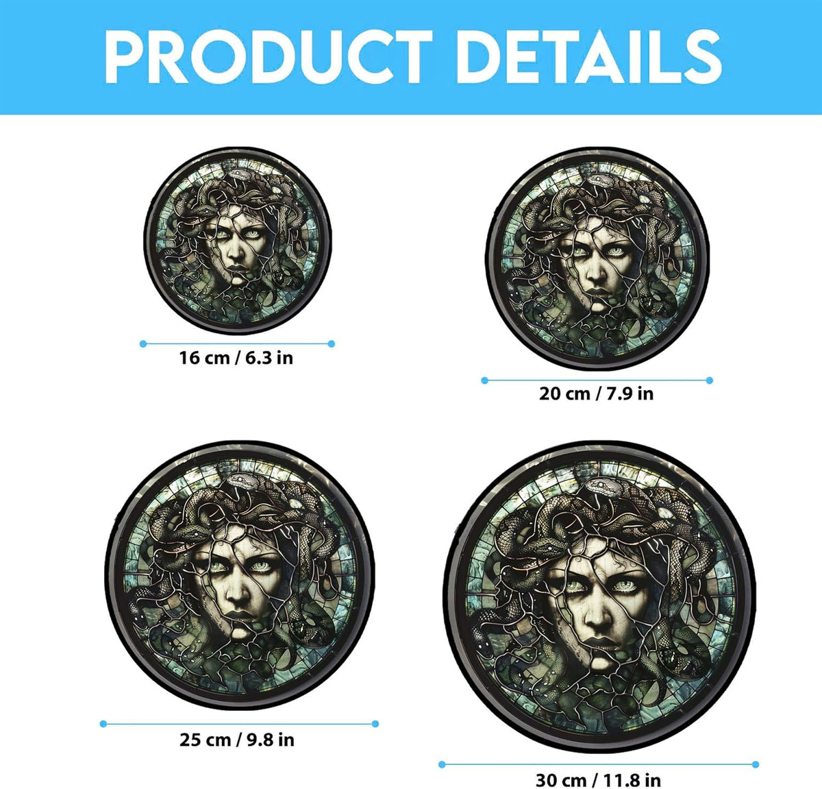 Medusa Stained Glass Window Hanging Window Suncatcher 12" Glass Panel with Metal Chain and Hooks