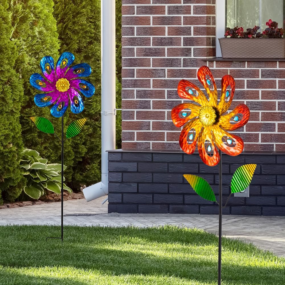 2 Packs Wind Spinners Outdoor, Metal Wind Sculptures & Spinners with Stake, Colorful Flower