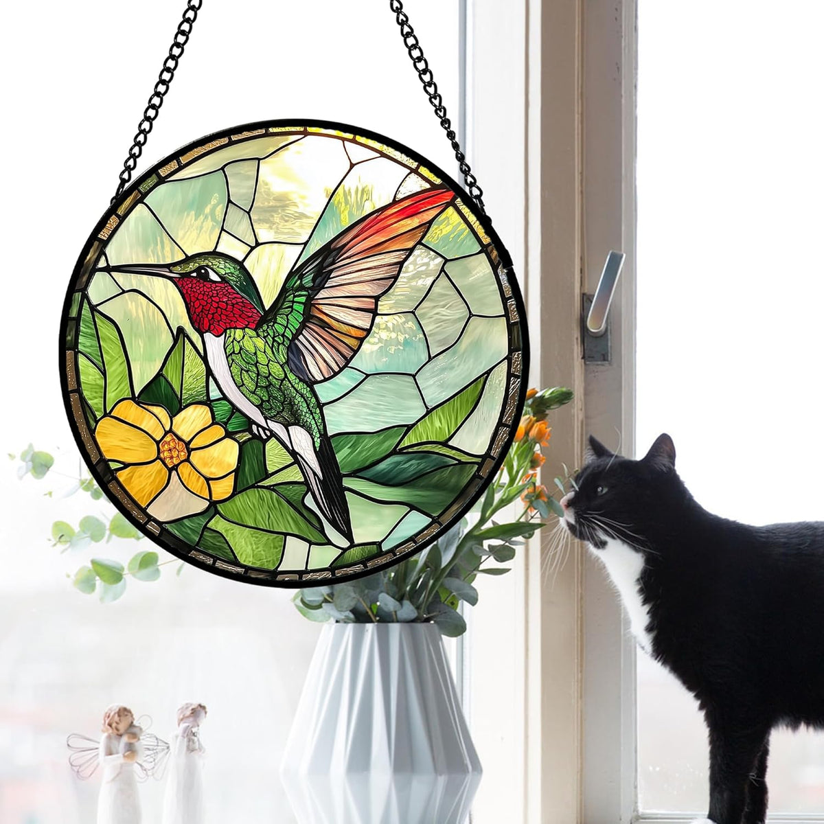 Stained Glass Window Hanging, Green Hummingbird Sun Catcher for Door Home Decor, Birds Suncatcher