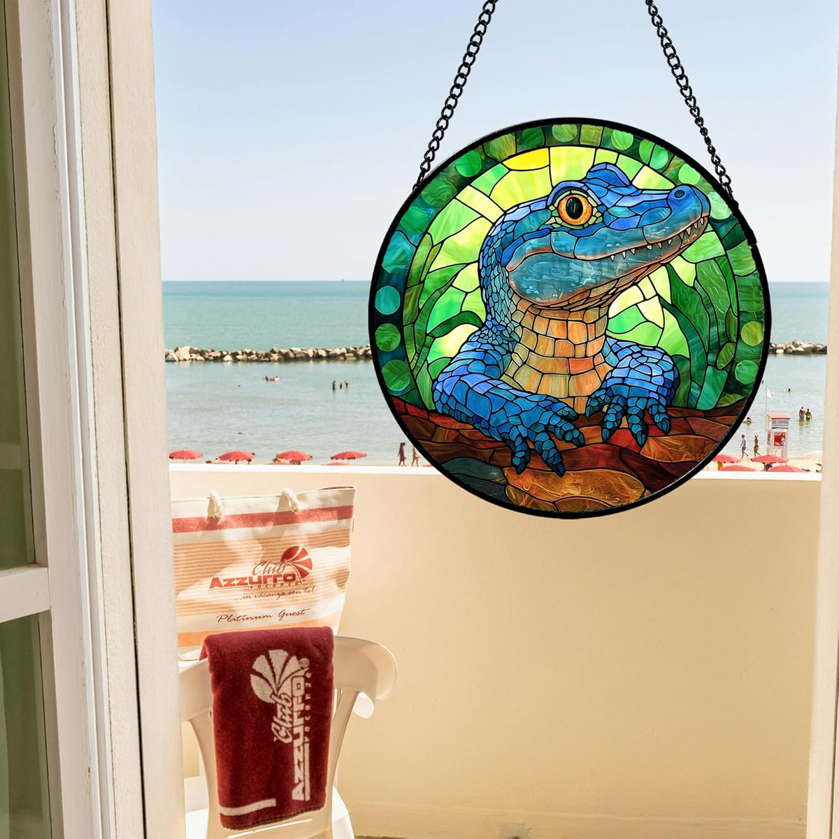 Stained Glass Window Hanging, Blue Alligator Sun Catcher for Window Door Home Decor Green Brown