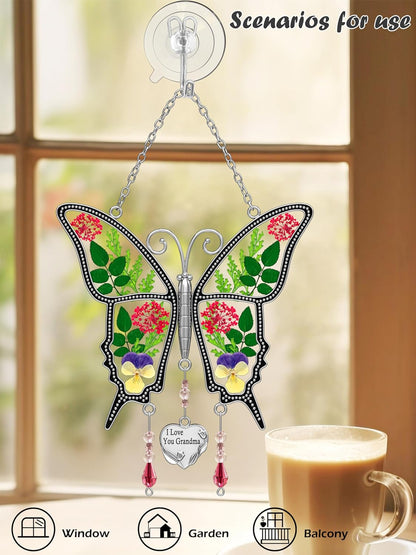 KY&BOSAM Butterfly Suncatcher I Love You Grandma Unique Grandma Gifts with Pressed Real Flower