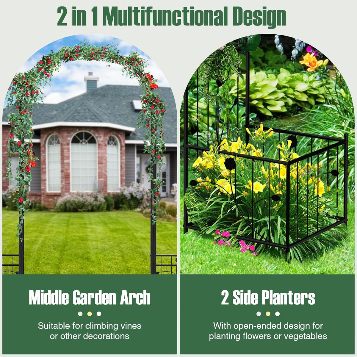 Happygrill Garden Arbor, 86" Metal Archway Pergola w/2 Side Planters, 8 Ground Stakes, Sturdy Metal