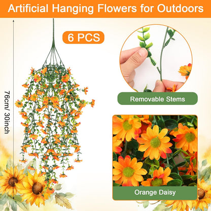 6 Pcs Artificial Fall Hanging Flowers Outdoor Silk Mum Plants Autumn Decor Faux Violet with