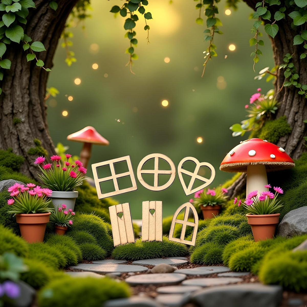 12Pcs Brown Wooden Fairy Garden Door,Blank Doors Fairy House Door and Windows Ornaments Tree