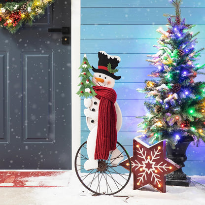 Glitzhome 32”H Metal Snowman Porch Décor Bike Wheel Cute Snowman with Red Scarf Hat Christmas Tree