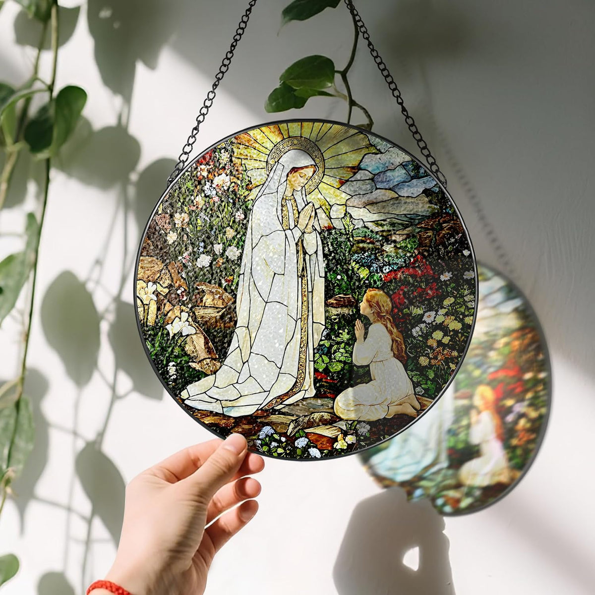 8 Inch Lady of Lourdes Stained Glass Suncatcher, Stained Glass Window Hanging, Virgin Mary