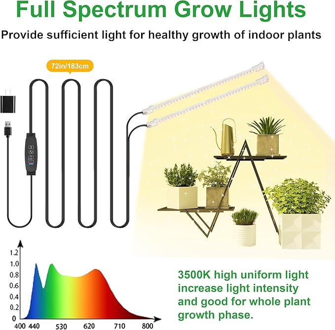 2 Head 13 Inches LED Grow Light Strips, Grow Lights for Indoor Plants Full Spectrum 3500K, 96 LEDs