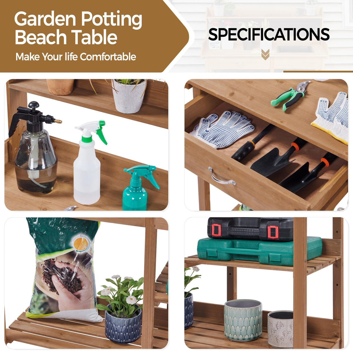 Yaheetech Potting Bench with Sink & Drawer, Outdoor Gardening Table, Brown