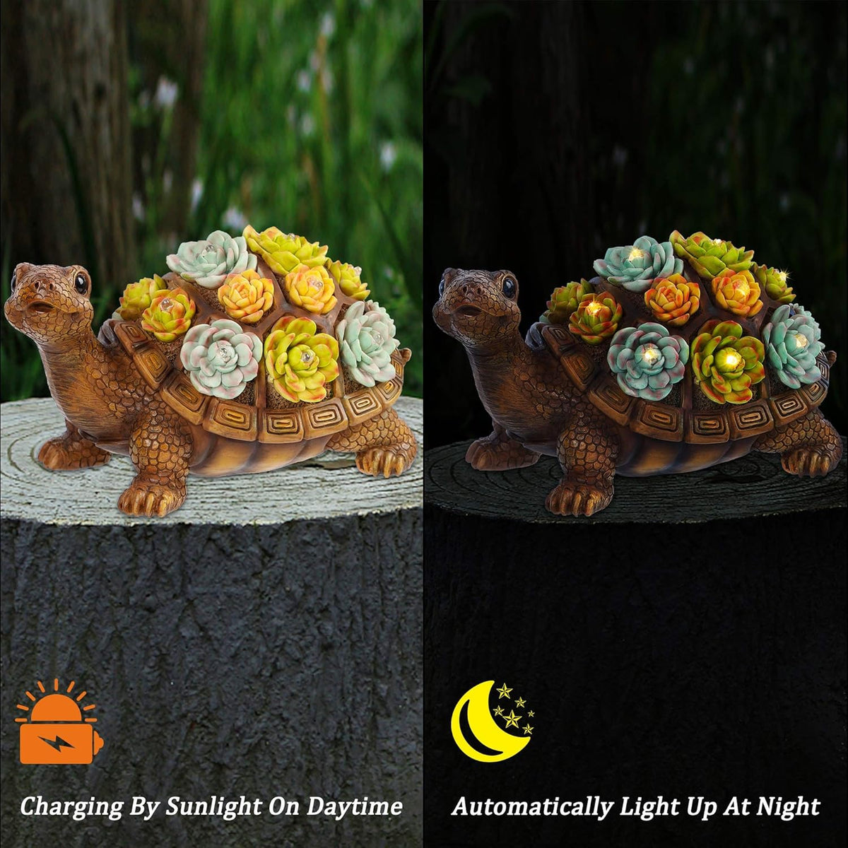 FORUP Turtle Garden Statue, Resin Turtle Figurine Garden Lawn Ornaments with Solar LED Lights for