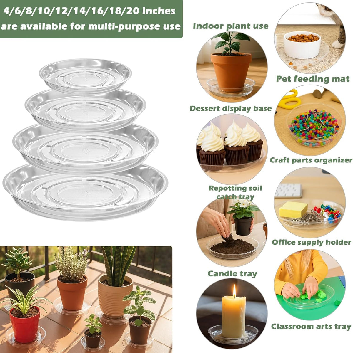20 Packs 8 Inches Clear Plant Saucers for Indoor Outdoor Use Heavy Duty Plastic Plant Trays for