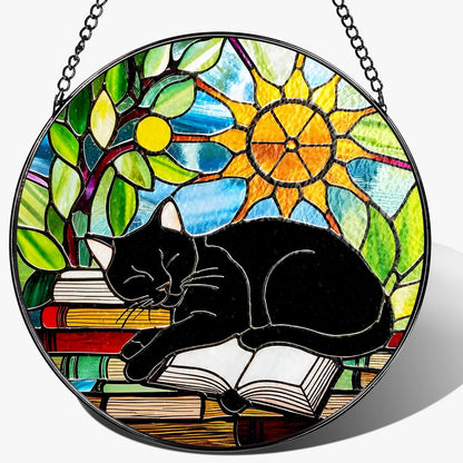 Stained Glass Window Hanging, 8 Inch Black Cat on Book Stained Glass Suncatcher, Window Decor