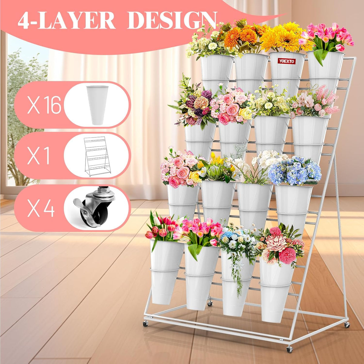Flower Display Stand with Buckets, 4 Layers 16 PCS Buckets Plant Stand with Wheels, Movable Metal