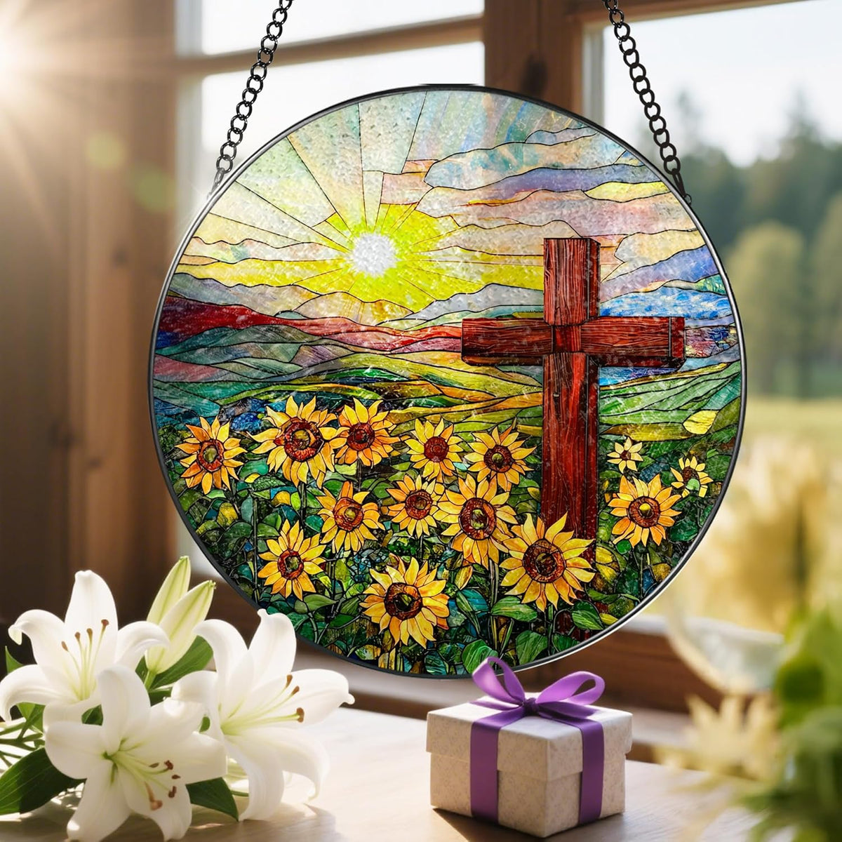 Cross Stained Glass Sun Catcher, Stained Glass Window Hanging, 8 Inch Suncatchers for Windows
