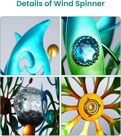 Solar Wind Spinners Outdoor – H63xW13 Metal Kinetic Garden Spinner with Crackle Glass Ball &