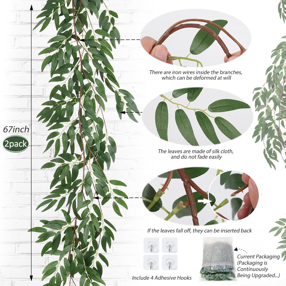 RECUTMS Artificial Willow Leaves Vine Twigs 2Pcs 5.7Ft Fake Hanging Ivy Plants Silk Green Leaf