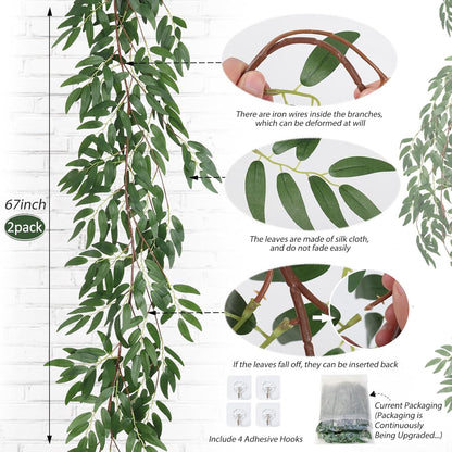 RECUTMS Artificial Willow Leaves Vine Twigs 2Pcs 5.7Ft Fake Hanging Ivy Plants Silk Green Leaf
