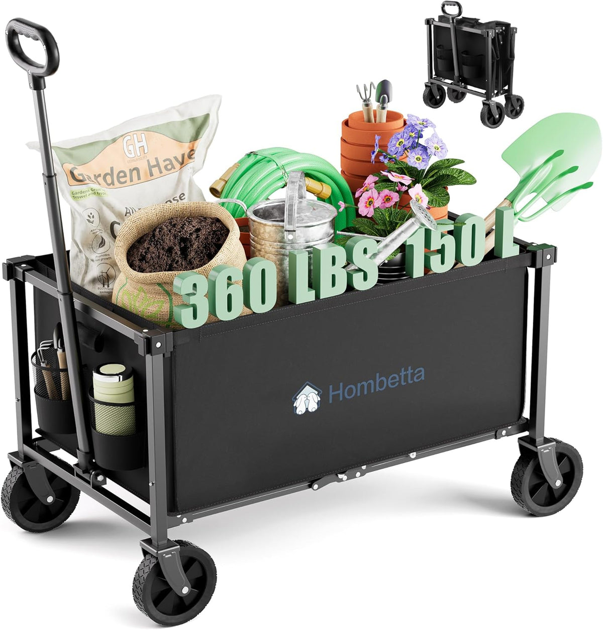 Collapsible Wagon Cart with Wheels, 150L Lightweight Foldable Utility Cart, Portable Rolling Wagon