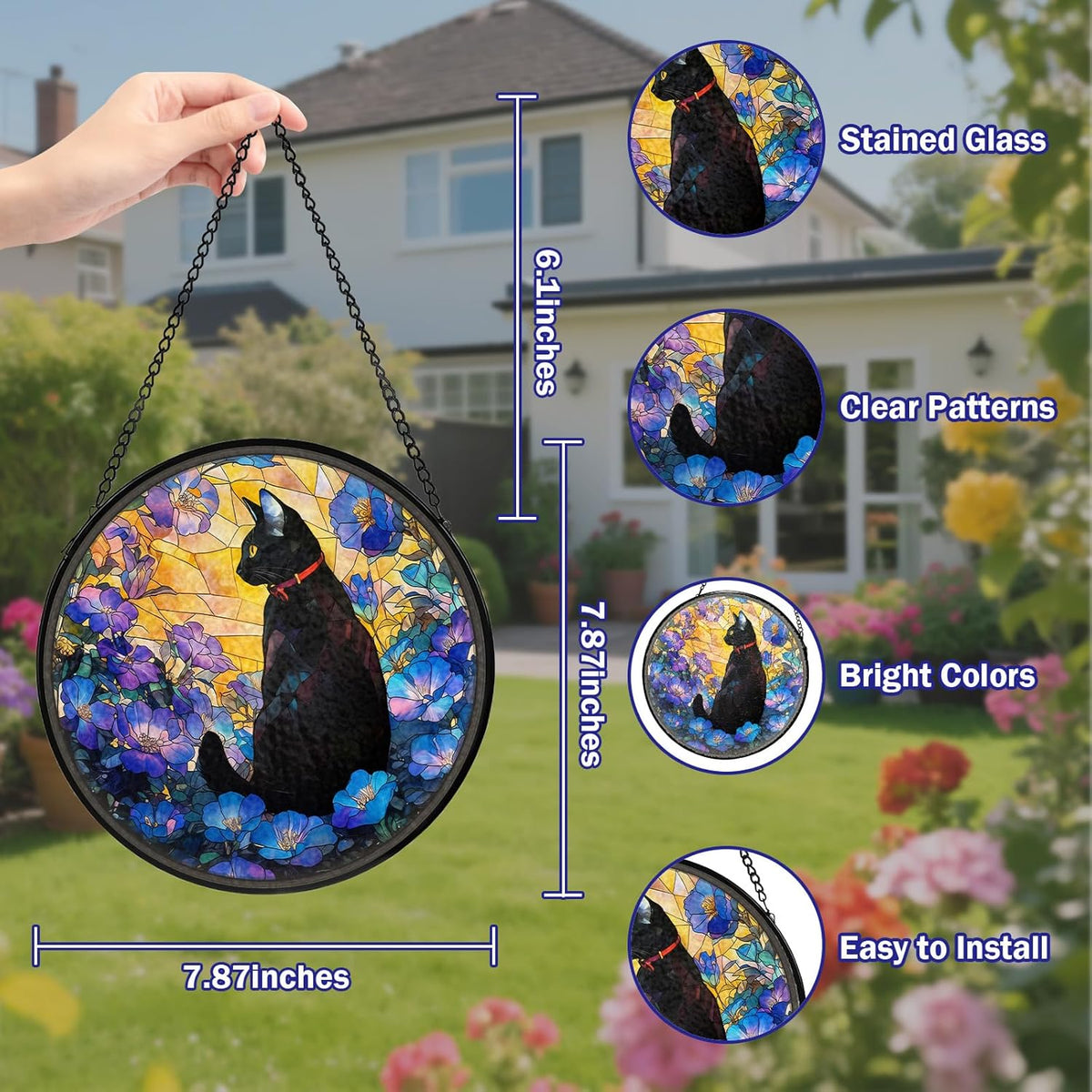 Cat Stained Glass Window Hanging, Flower Suncatcher Diamond Glass Panel Hangings, Sun Catchers