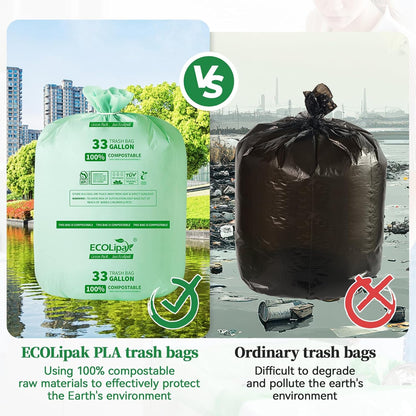 ECOLipak 33 Gallon Compostable Trash Garbage Bags, 50 Count (2 Rolls) Biodegradable Heavy Duty