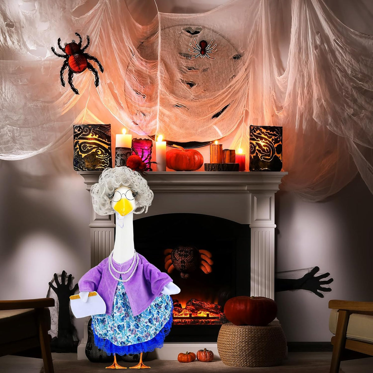 Abbylike Halloween Porch Goose Outfits Old Lady Goose Clothes with Sunglasses Pearl Necklace and