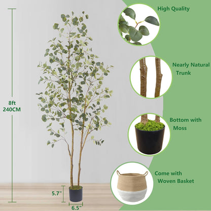 Artificial Eucalyptus Tree, 8ft Large Fake Silk Leaves Eucalyptus Plant with Basket, 96” Faux Tree
