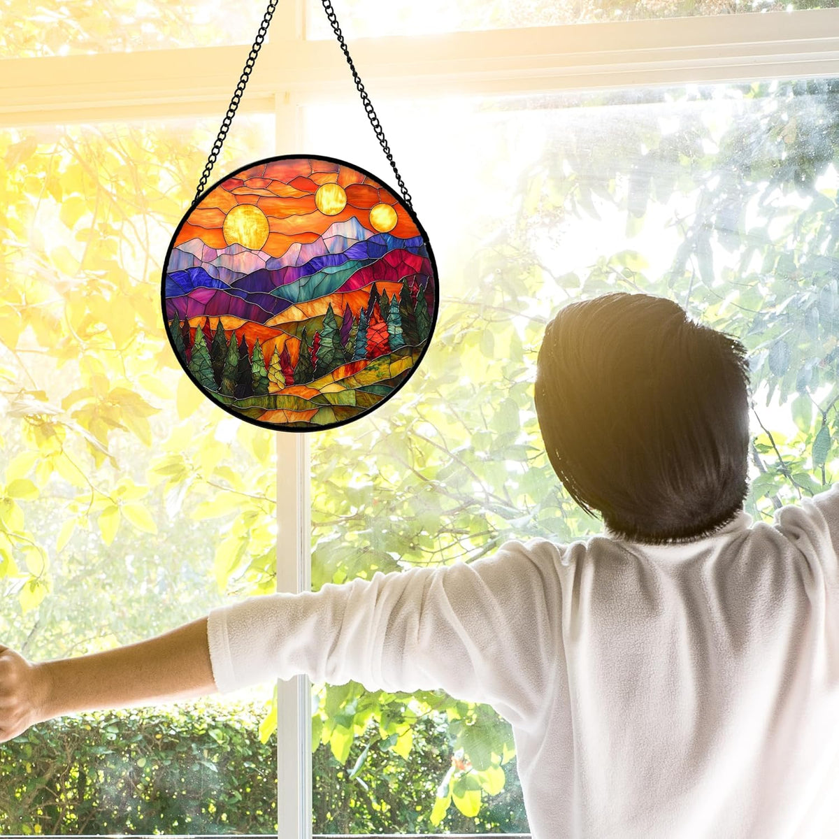 Stained Glass Window Hanging, Sunset Abstract Sun Catchers Colorful Glass Panel Landscape