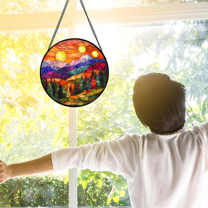 Stained Glass Window Hanging, Sunset Abstract Sun Catchers Colorful Glass Panel Landscape