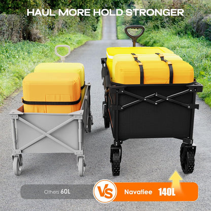 Navatiee 140L Collapsible Folding Wagon, Large Capacity Foldable Wagon with Silent All-Terrain