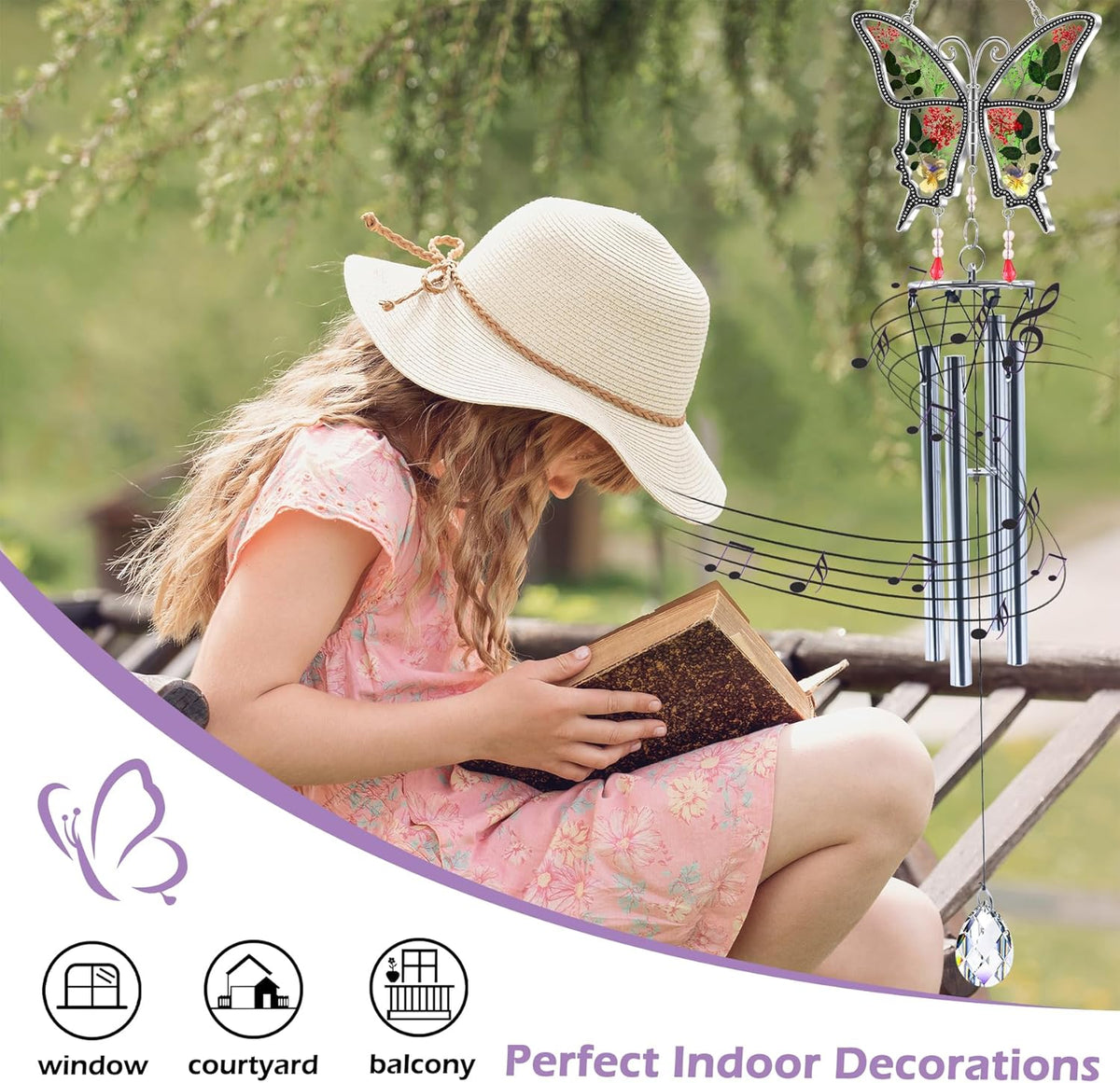 Butterflies Wind Chimes Glass Metal Real Flower and Multicolor 4 Tube Aluminum Windchime with S