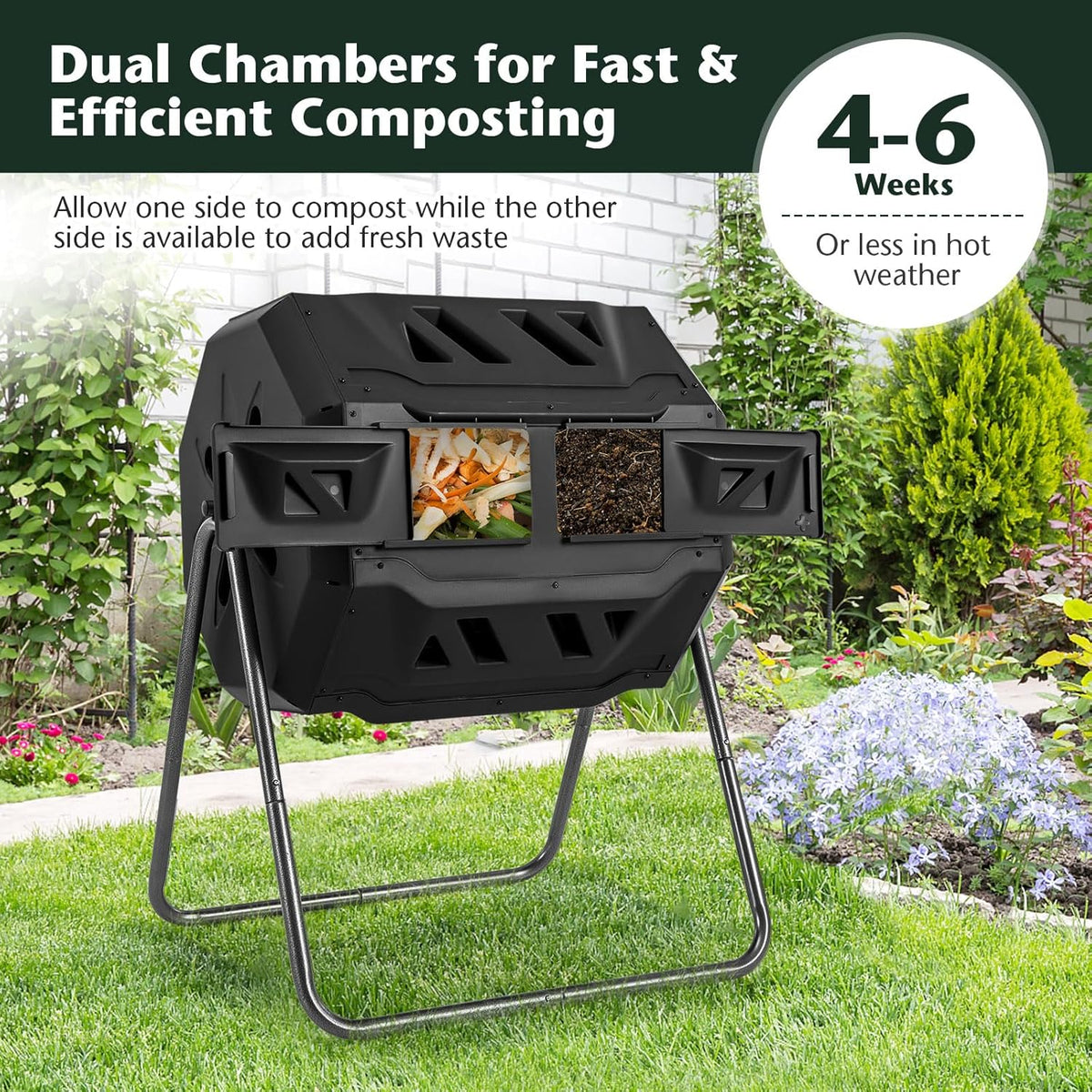 Goplus Compost Bin, Outdoor 42-Gal Dual Chamber Composting Tumbler w/2 Sliding Doors, Heavy-Duty