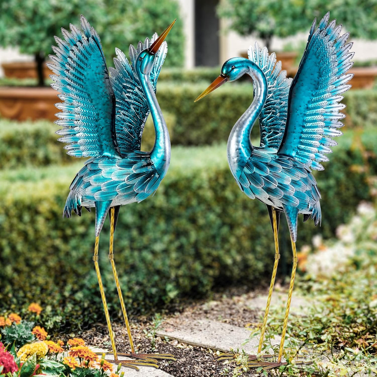Natelf Garden Crane Statues for Outdoor, Blue Heron Decoy Courtyard Sculptures, Standing Metal Bird