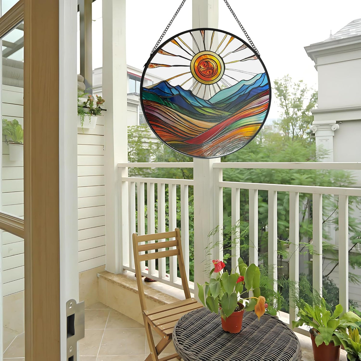Sun Mountains Stained Glass Window Hanging, 9.8’’Sun Catcher Glass Panel Boho Wall Art Decor with