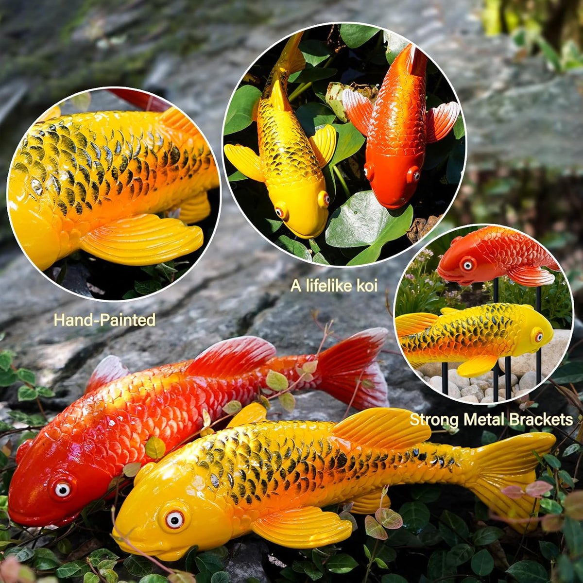 Set of 2 Koi Fish Garden Stakes, Red & Gold Resin Sculptures, Weatherproof Outdoor Patio Pond