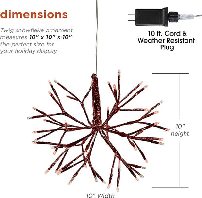 Alpine Corporation 10" H Indoor Christmas Twig 3D Hanging Snowflake Ornament with LED Lights, Red