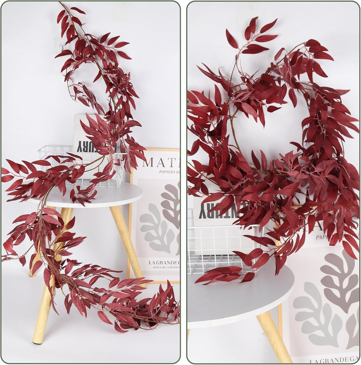 RECUTMS Artificial Hanging Willow Leaves Vine Twigs 2Pcs 5.7Ft Fake Silk Burgundy Leaf Ivy Fall