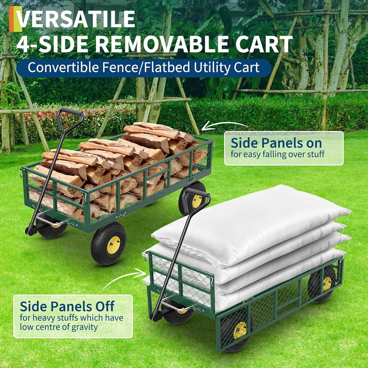 GarveeLife 900 LBS Garden Dump Cart with Removable Sidewalls, Heavy Duty Steel Dump Wagon with 180°
