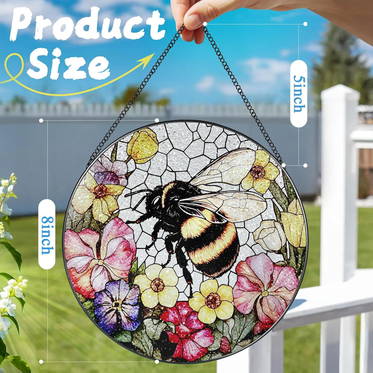 Stained Glass Window Hanging, 8 Inch Bee Stained Glass Ornament, Suncatchers for Windows Hanging