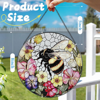 Stained Glass Window Hanging, 8 Inch Bee Stained Glass Ornament, Suncatchers for Windows Hanging
