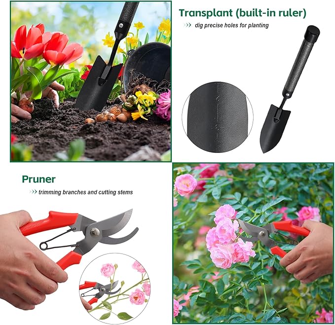 Garden Tools Set with Extension Handles, 5 Piece Thick Gardening Hand Tools, Heavy Duty Steel