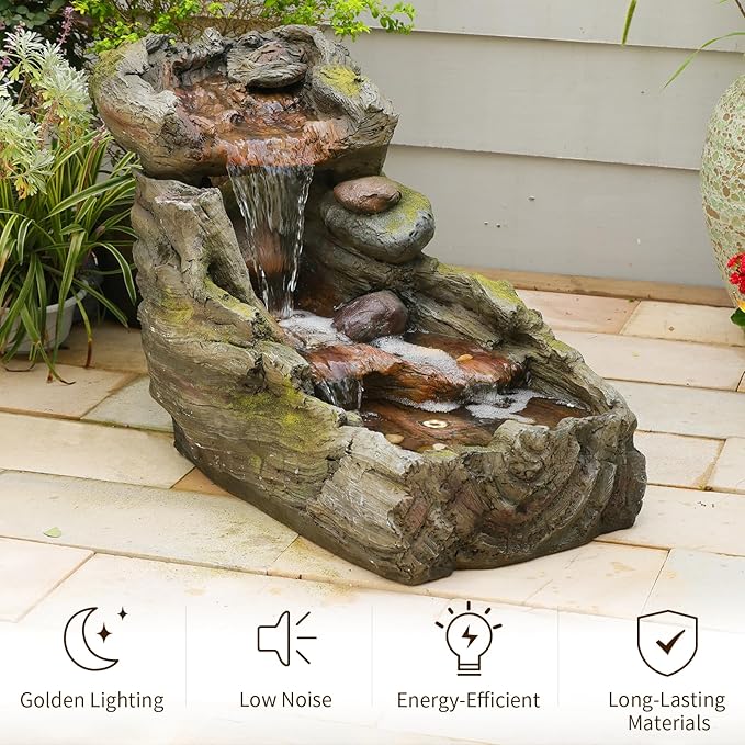 32.5" L Garden Outdoor Water Fountain, Floor Standing Cascading Realistic Tree Trunk Natural
