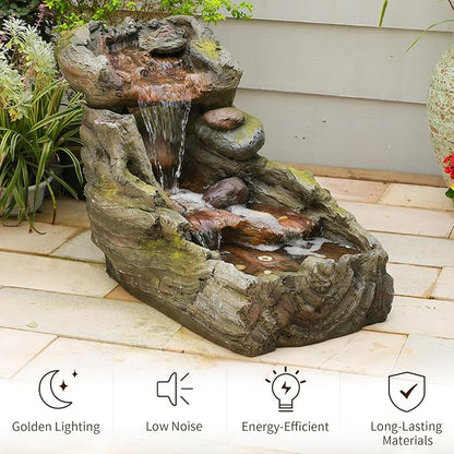 32.5" L Garden Outdoor Water Fountain, Floor Standing Cascading Realistic Tree Trunk Natural