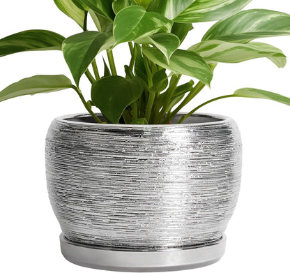 SQOWL Ceramic Pot for Plants - 8 Inch Planter with Drainage Hole and Saucer, Round Planter Indoor