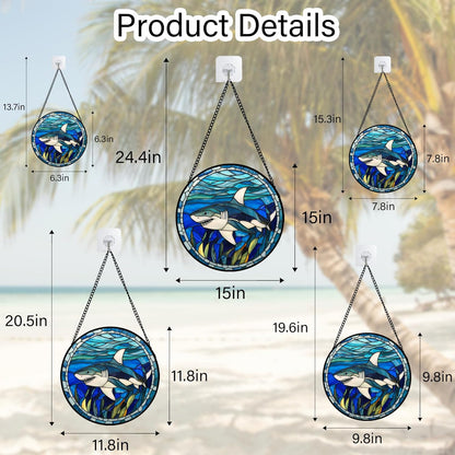 Stained Glass Suncatcher, Blue Ocean Big Shark Sun Catcher Waterweed Stain Glass Window Hanging